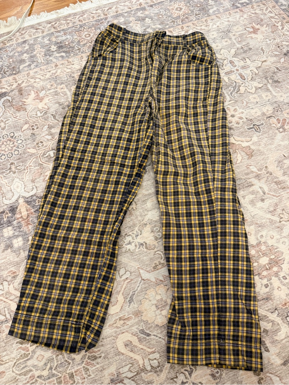 Free People Women’s Black and Yellow Plaid Pants